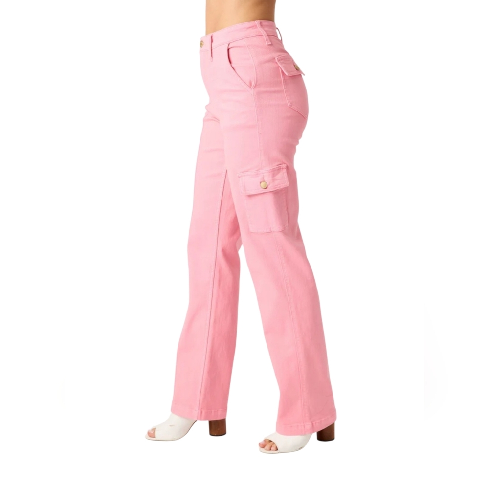 Judy Blue Dyed Pink Straight-Leg High-Rise Cargo Utility Chic Jeans Sz 5/27